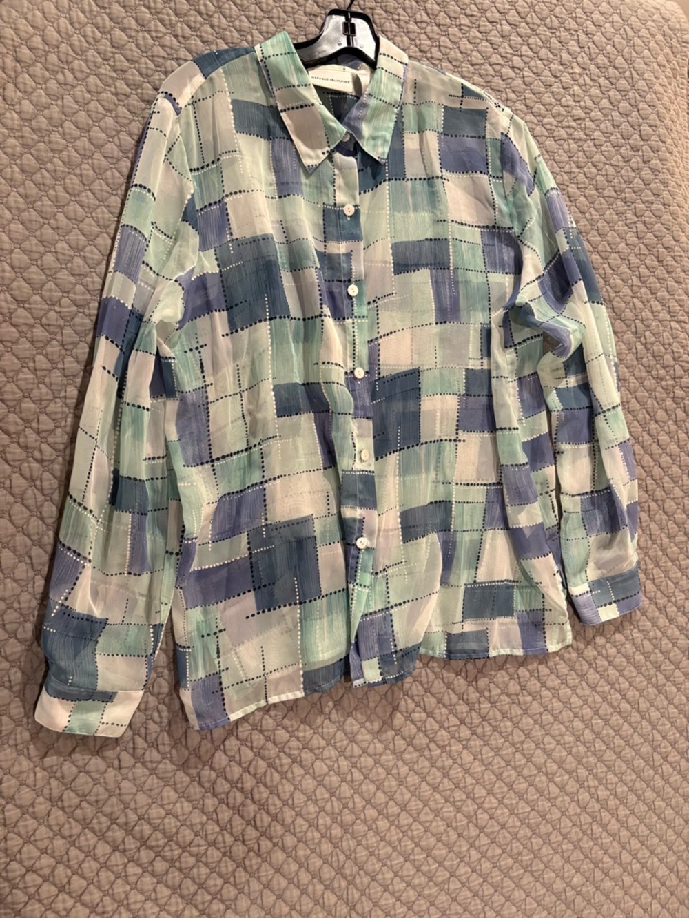 Alfred Dunner Seafoam, Blue & White Patchwork Button-Up Blouse
